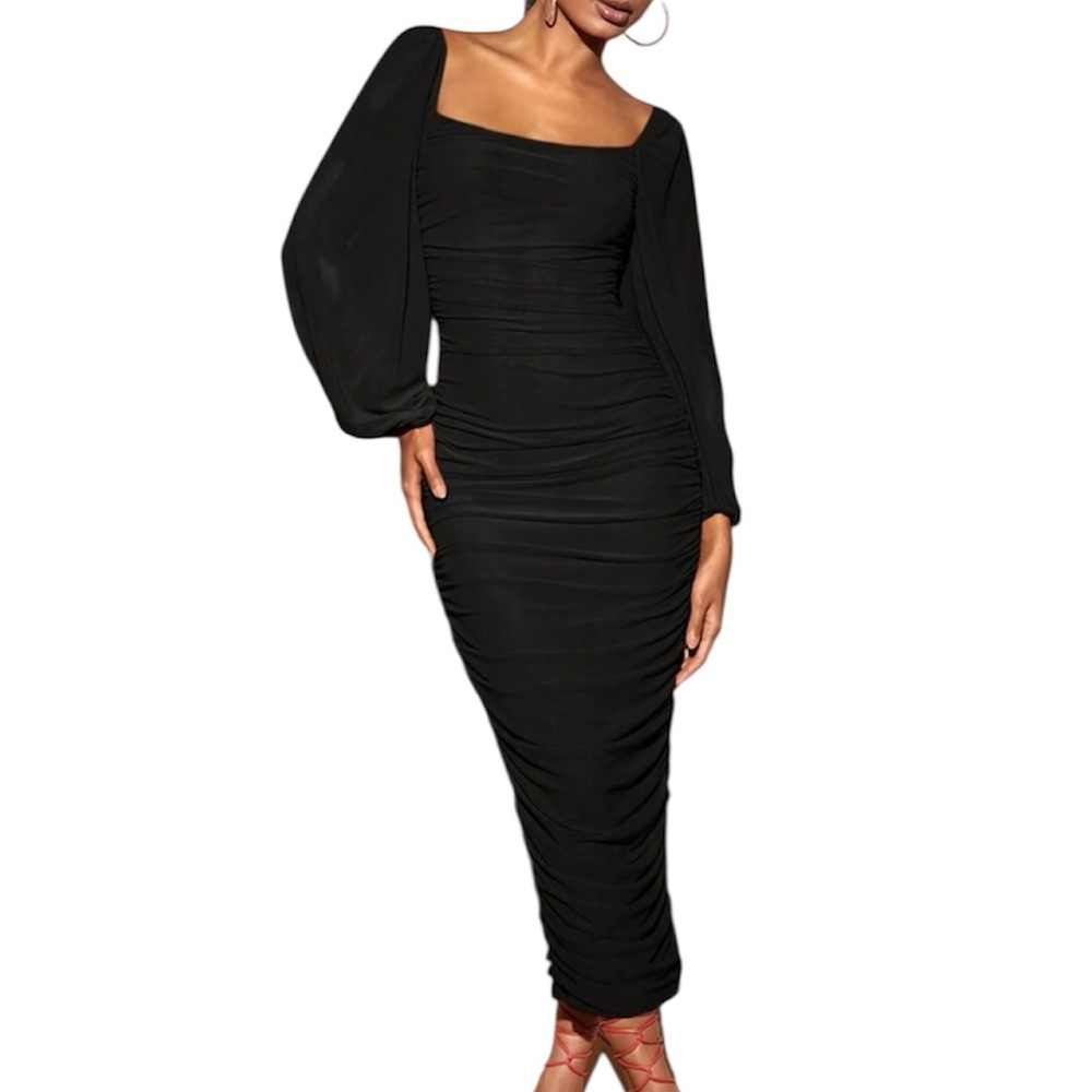 Merokeety Formal Sheer Lon Sleeve Scoop Neck Fitted Bodycon Midi Dress Black